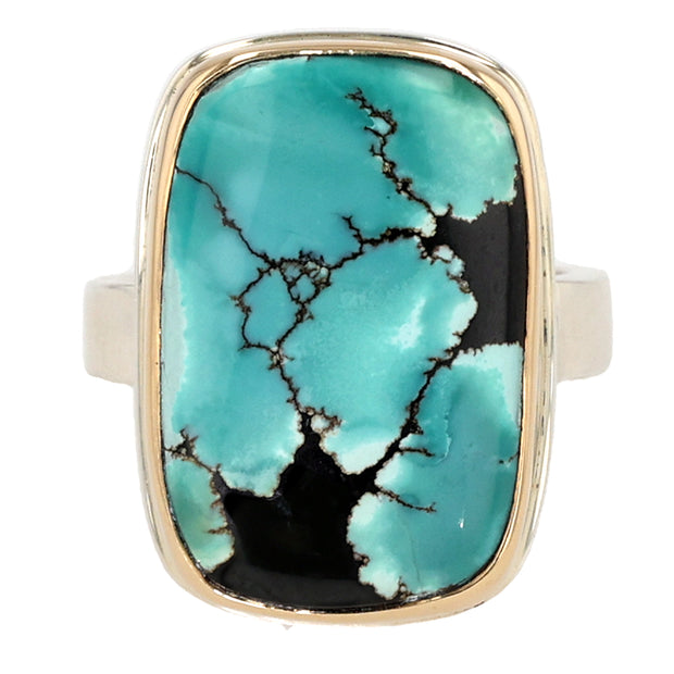 Sterling Silver and 14K Yellow Gold Rectangular Hubei Turquoise Ring