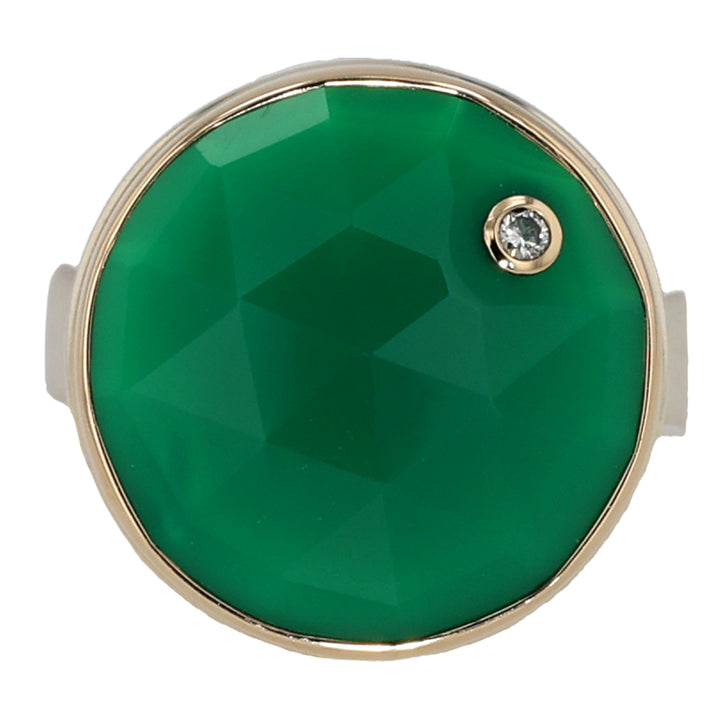 Sterling Silver and 14K Yellow Gold Round Rosecut Green Onyx Ring