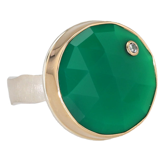 Sterling Silver and 14K Yellow Gold Round Rosecut Green Onyx Ring