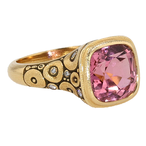 18K Yellow Gold Orchard Cushion Pink Tourmaline and Diamond Ring