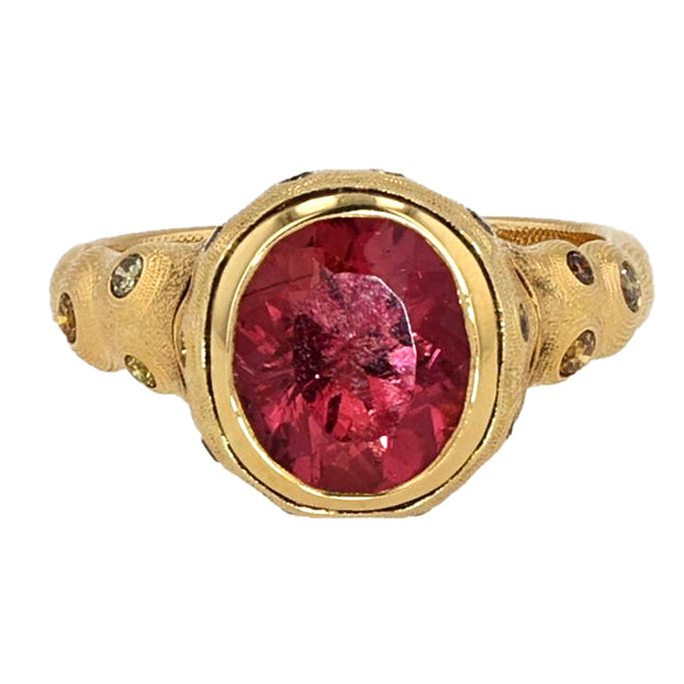 18K Yellow Gold Oval Peachy Pink Tourmaline and Natural Color Diamond Ring