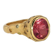 18K Yellow Gold Oval Peachy Pink Tourmaline and Natural Color Diamond Ring