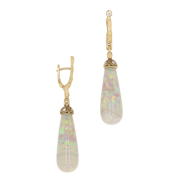 18K Yellow Gold Sticks and Stones Australian Opal and Diamond Earrings