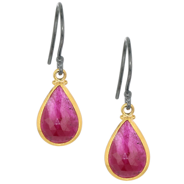 24K Yellow Gold and Oxidized Silver Rosecut Ruby Earrings