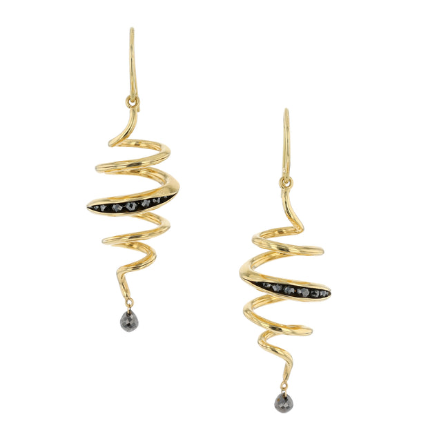 18K Yellow Gold Spiral Black Diamond Earrings