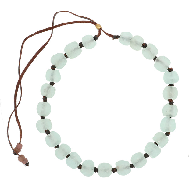 Leather and African Aqua Green Bead Necklace