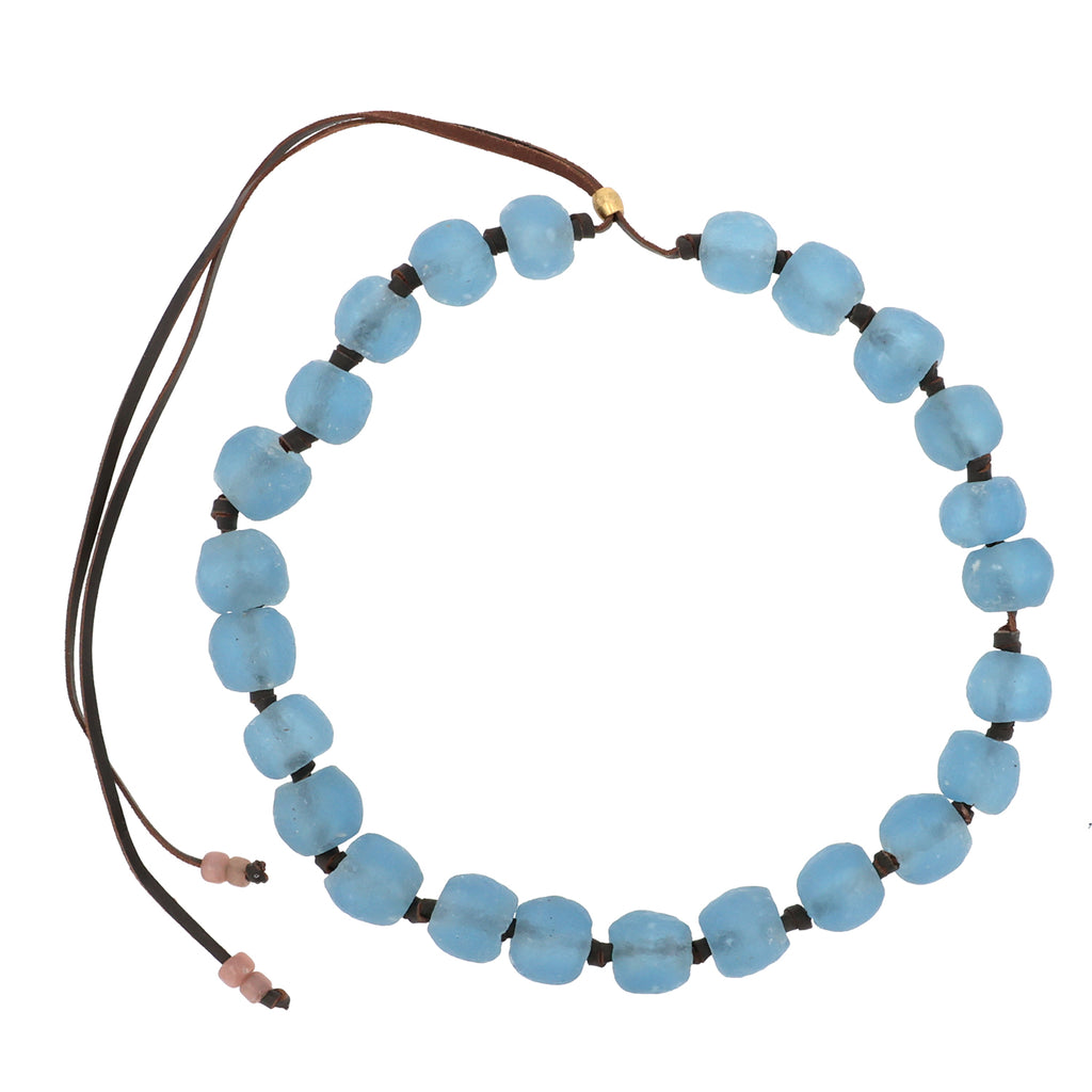 Aqua Glass Bead Beach Necklace, Summer Beach Choker, Braided Waxed