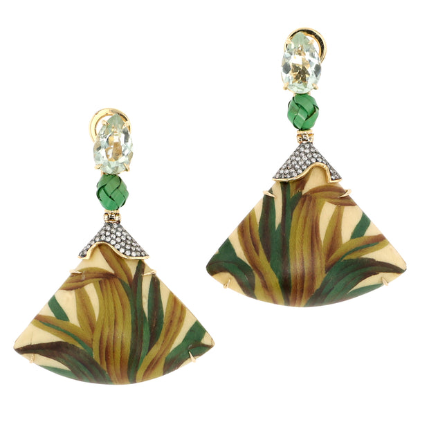 18K Yellow Gold Bamboo and Marquetry Earrings with Diamond, Prasiolite and Tsavorite