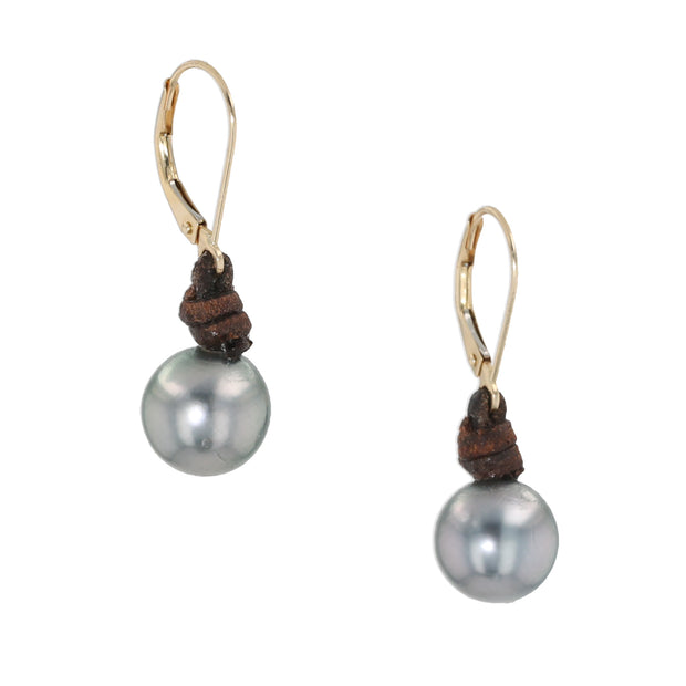 14K Yellow Gold Leather and Tahitian Pearl Earrings