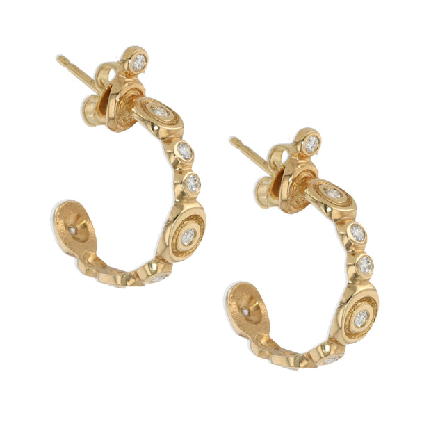 18K Yellow Gold White Diamond Hoop Earrings