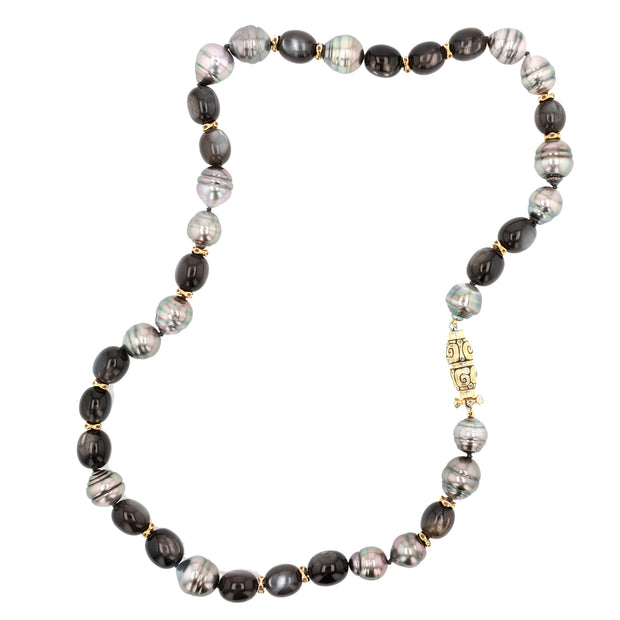 18K Yellow Gold Seashell Tahitian Pearl, Black Moonstone and Diamond Necklace