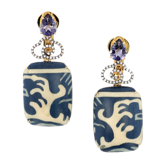 18K Yellow Gold Iolite and Diamond Marquetry Earrings