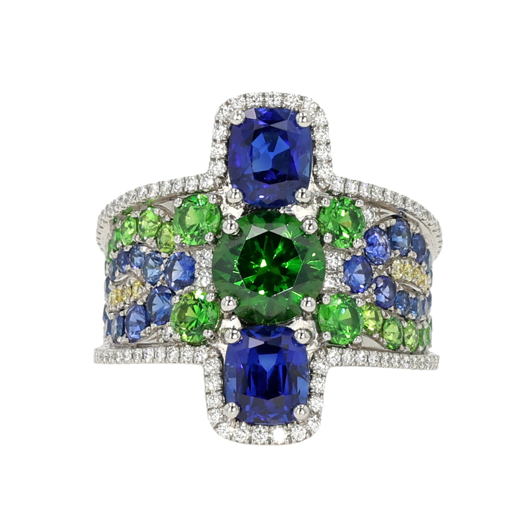 Platinum Demantoid Garnet, Cushion Sapphire, Fancy Yellow and White Diamond Ring