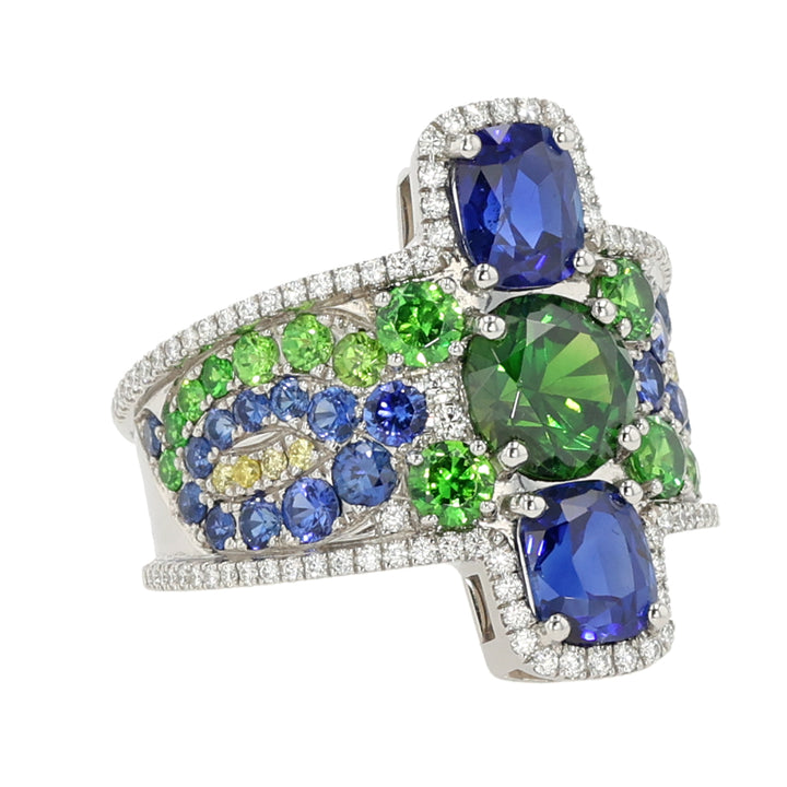 Platinum Demantoid Garnet, Cushion Sapphire, Fancy Yellow and White Diamond Ring