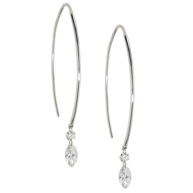 18K White Gold and Platinum Handmade Marquise Diamond Drop Earrings