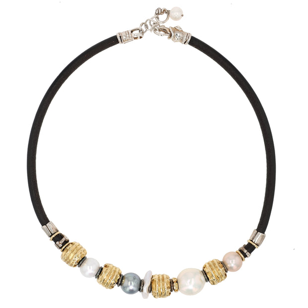 18K Yellow Gold, Silver and Leather Tahitian and Freshwater Pearl Necklace
