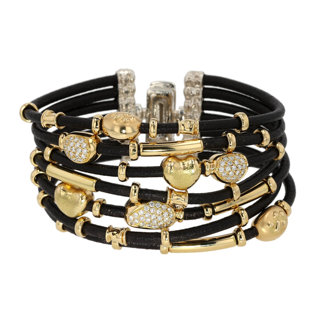 18K Yellow Gold and Silver 7-Strand Leather Diamond Bracelet