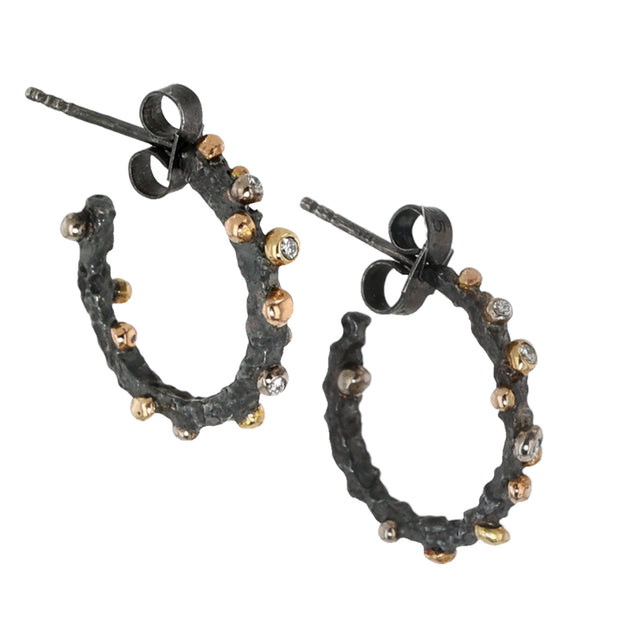 Oxidized Silver and 18K Yellow Gold Small Hoop Diamond Earrings
