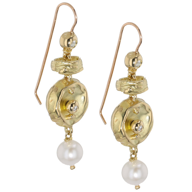 18K Yellow Gold Freshwater Pearl and Diamond Earrings