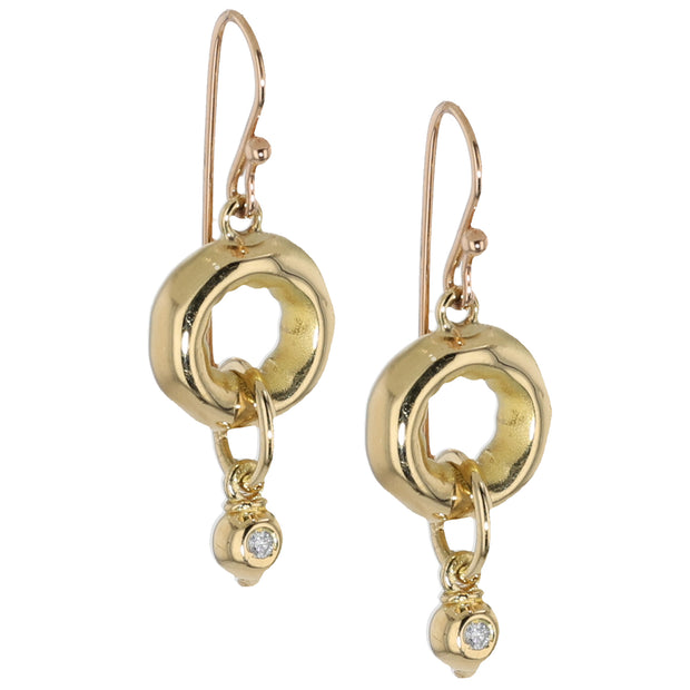18K Yellow Gold Open Circle Organic Bead and Diamond Earrings