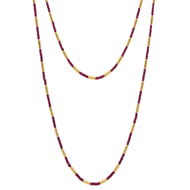 24K Yellow Gold Ruby and Hammered Vertigo Bead Necklace