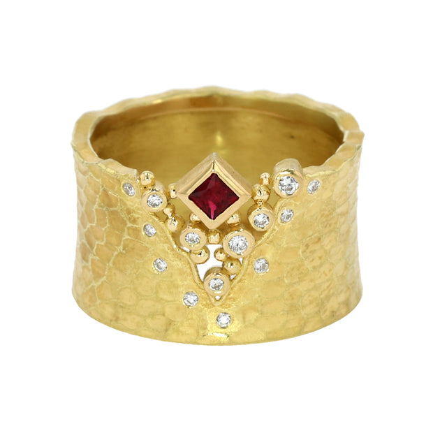 18K Yellow Gold Wide Carved Ruby and Diamond Ring