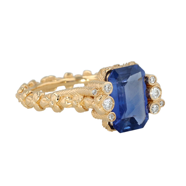 18K Yellow Gold Emerald Cut Ceylon Sapphire and Diamond Ring