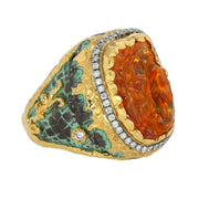 24K Yellow Gold and Silver Mexican Fire Opal and Diamond Ring