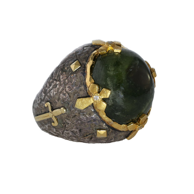 24K Yellow Gold and Silver Green Sapphire and Diamond Ring