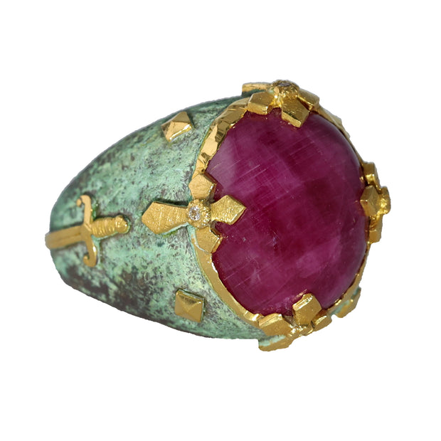 24K Yellow Gold and Silver Cabochon Ruby and Diamond Ring