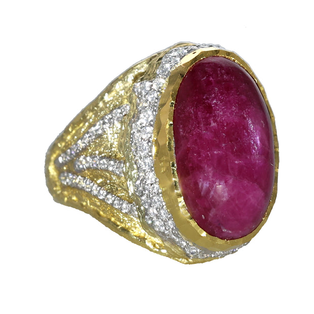18K and 24K Yellow Gold Cabochon Ruby and Diamond Ring