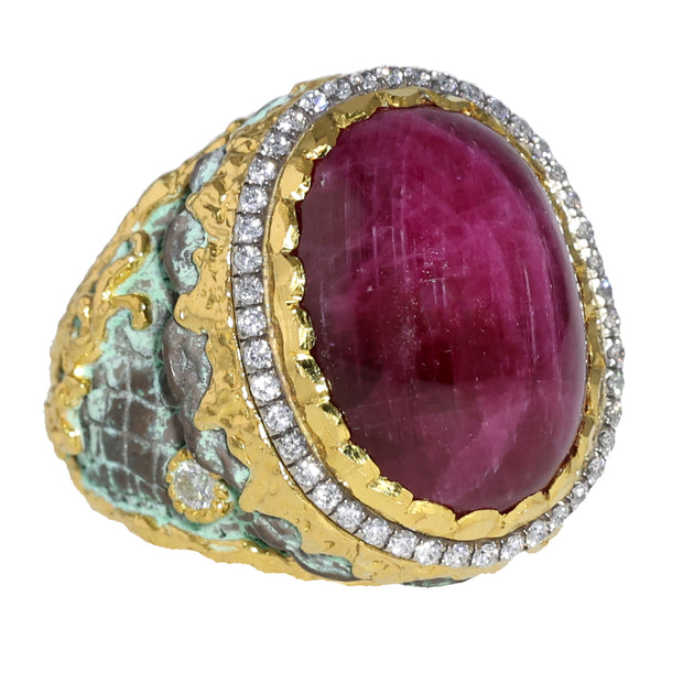 24K Yellow Gold and Silver Cabochon Ruby and Diamond Ring