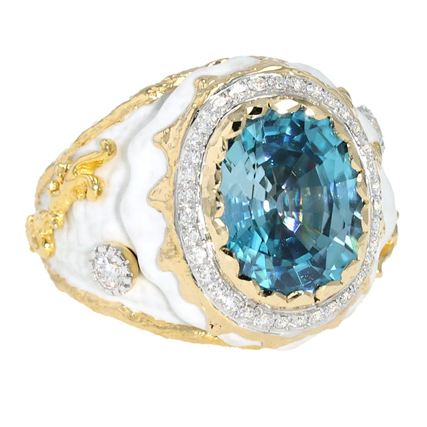 18K Yellow Gold Blue Zircon and Diamond Ring