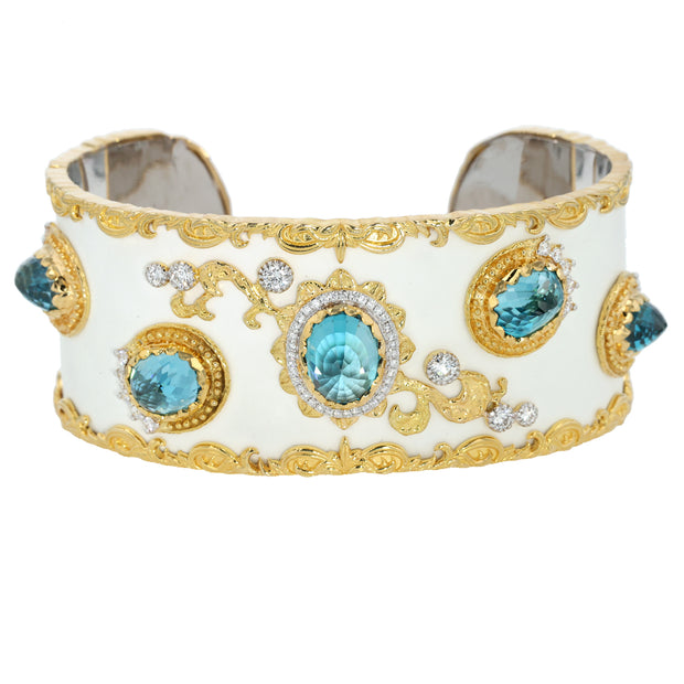18K Yellow Gold and Silver Blue Zircon and Diamond Bracelet