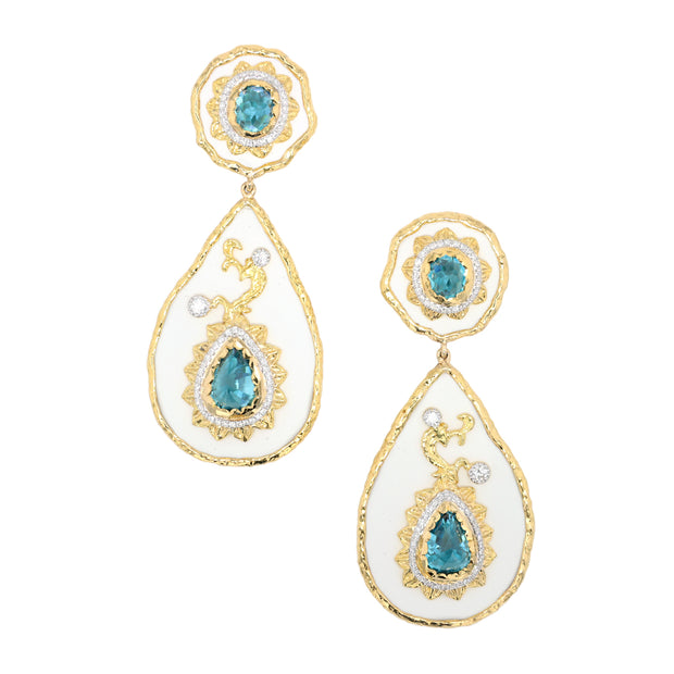18K Yellow Gold and Silver Blue Zircon and Diamond Earrings