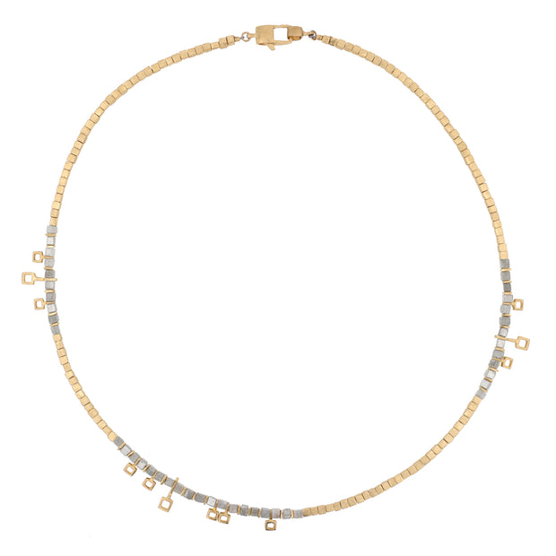 18K Yellow Gold "Hanging Boxes" and Raw Grey Diamond Necklace