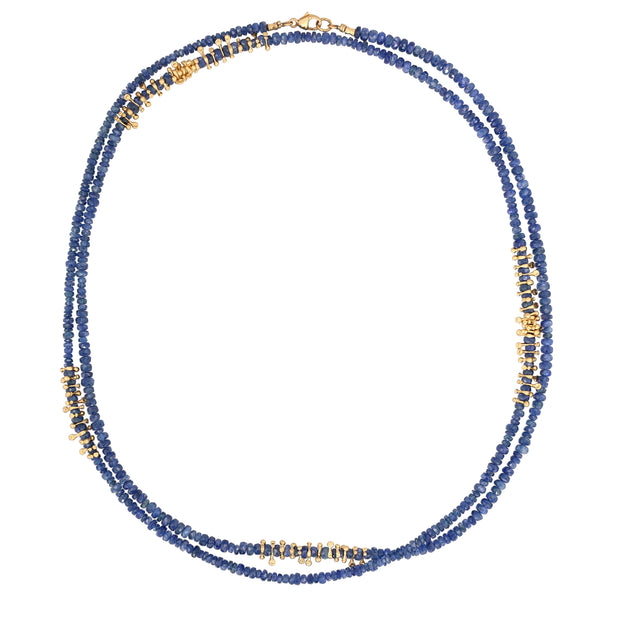 18K Yellow Gold Sun Rondells and Blue Sapphire Bead Necklace