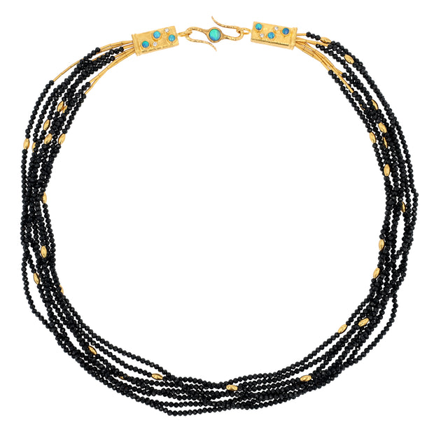 24K Yellow Gold Seven-Strand Black Spinel, Australian Opal, Diamond and Gold Olive Bead Necklace