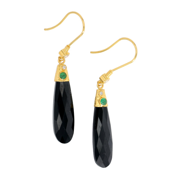 24K Yellow Gold Black Spinel, Emerald and Diamond Earrings