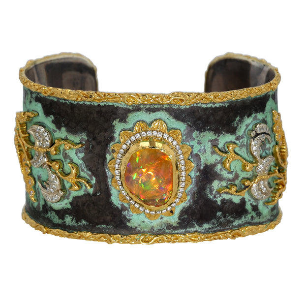 24K Yellow Gold and Silver Fire Opal and Diamond Cuff Bracelet