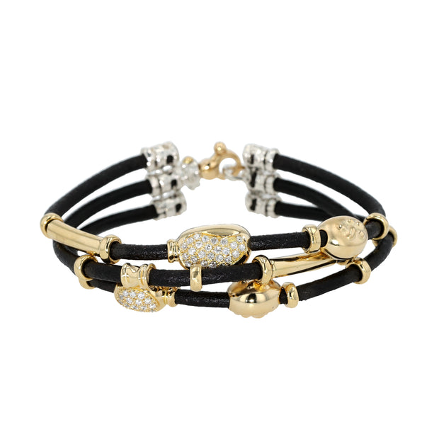 18K Yellow Gold and Silver 3-Strand Leather Diamond Bracelet