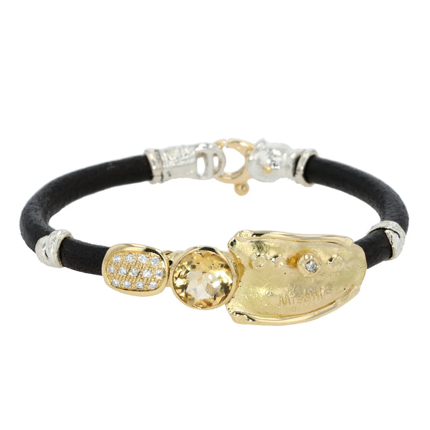 18K Yellow Gold and Silver Leather Citrine and Diamond Bracelet