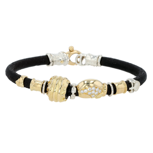 18K Yellow Gold and Silver Leather Diamond Bracelet
