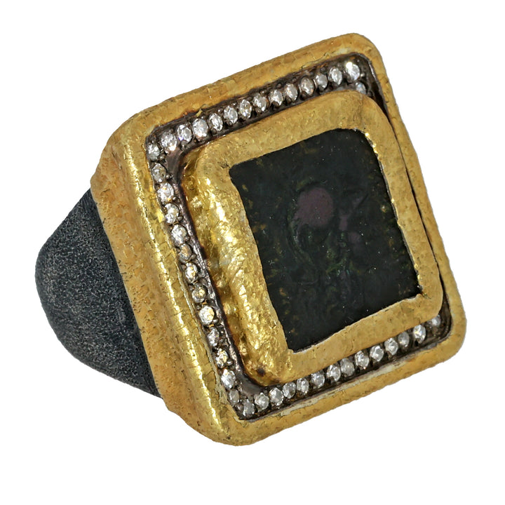 24K Yellow Gold and Sterling Silver Antique Coin and Diamond Ring