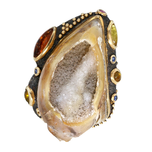 Sterling Silver and 22K Gold Overlay Shell Geode and Tourmaline Ring