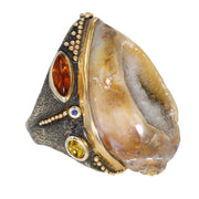 Sterling Silver and 22K Gold Overlay Shell Geode and Tourmaline Ring