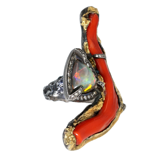 18K Yellow Gold and Sterling Silver Sea Coral, Opal and Diamond Ring
