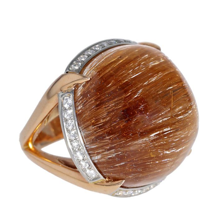 18K Rose Gold and Platinum Rutilated Quartz and Diamond Ring