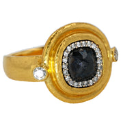 24K Yellow and 18K White Gold Rose Cut Black Diamond Ring