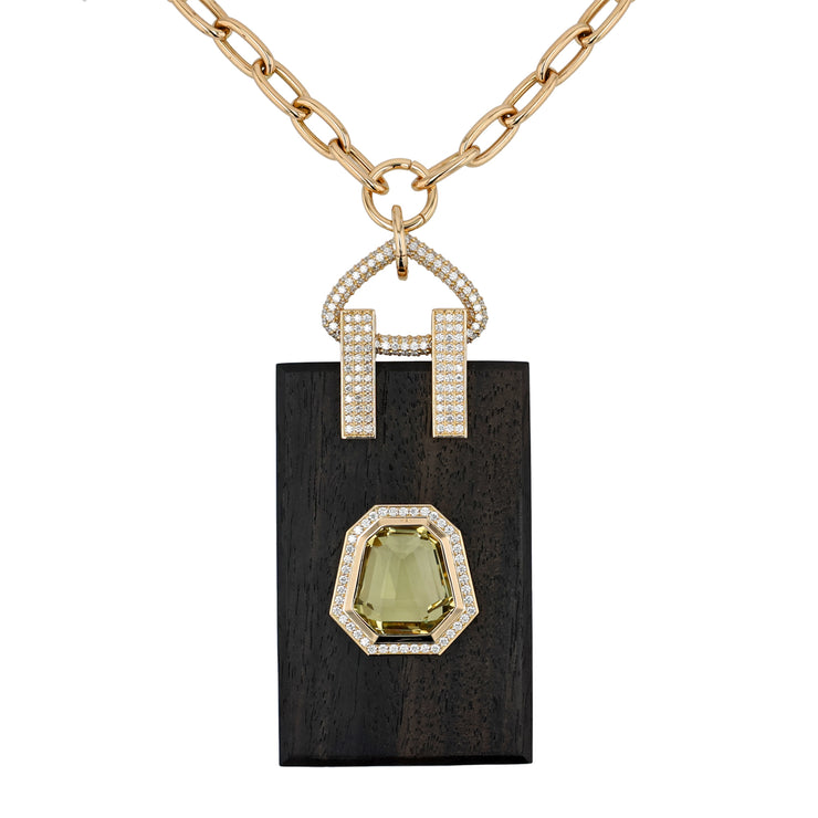 18K Yellow Gold Carved Ebony, Yellow Citrine and Diamond Pendant